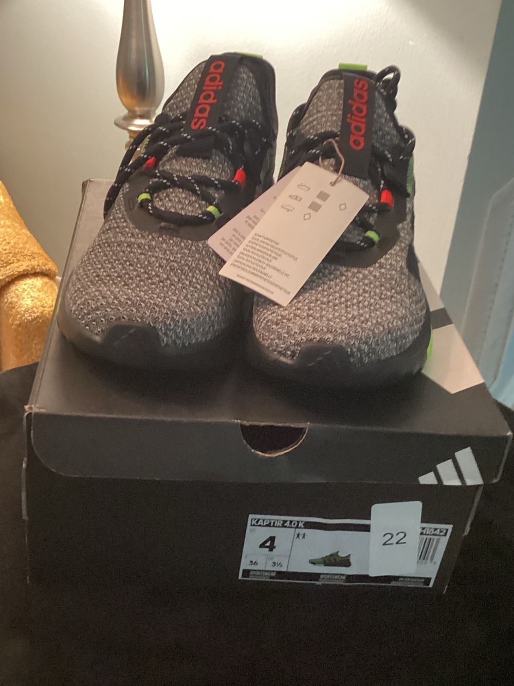 adidas Men’s Gray Knit Athletic Shoes with Black and Red Accents